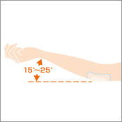 ひじの場合、関節を15°〜25°程度に曲げた状態で、テープを伸ばさずに貼る