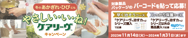 やさしい・い・ね！ケアリーヴTMキャンペーン 期間：2023年11月14日（火）～2024年1月31日（水） ダスキン選んで使えるおそうじギフトカード、インテリアギフトカタログ、QUOカードPayなど抽選で合計420名様に当たる！キャンペーン実施中！